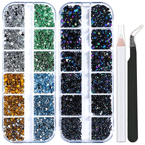 2 Boxes Flat Back Rhinestone&Pearls Kits for Nail Art, Face Makeup and Craft,Flatback Half Round Pearls White and Beige Color+ Black AB Crystal with Pickup Pencil and Tweezer