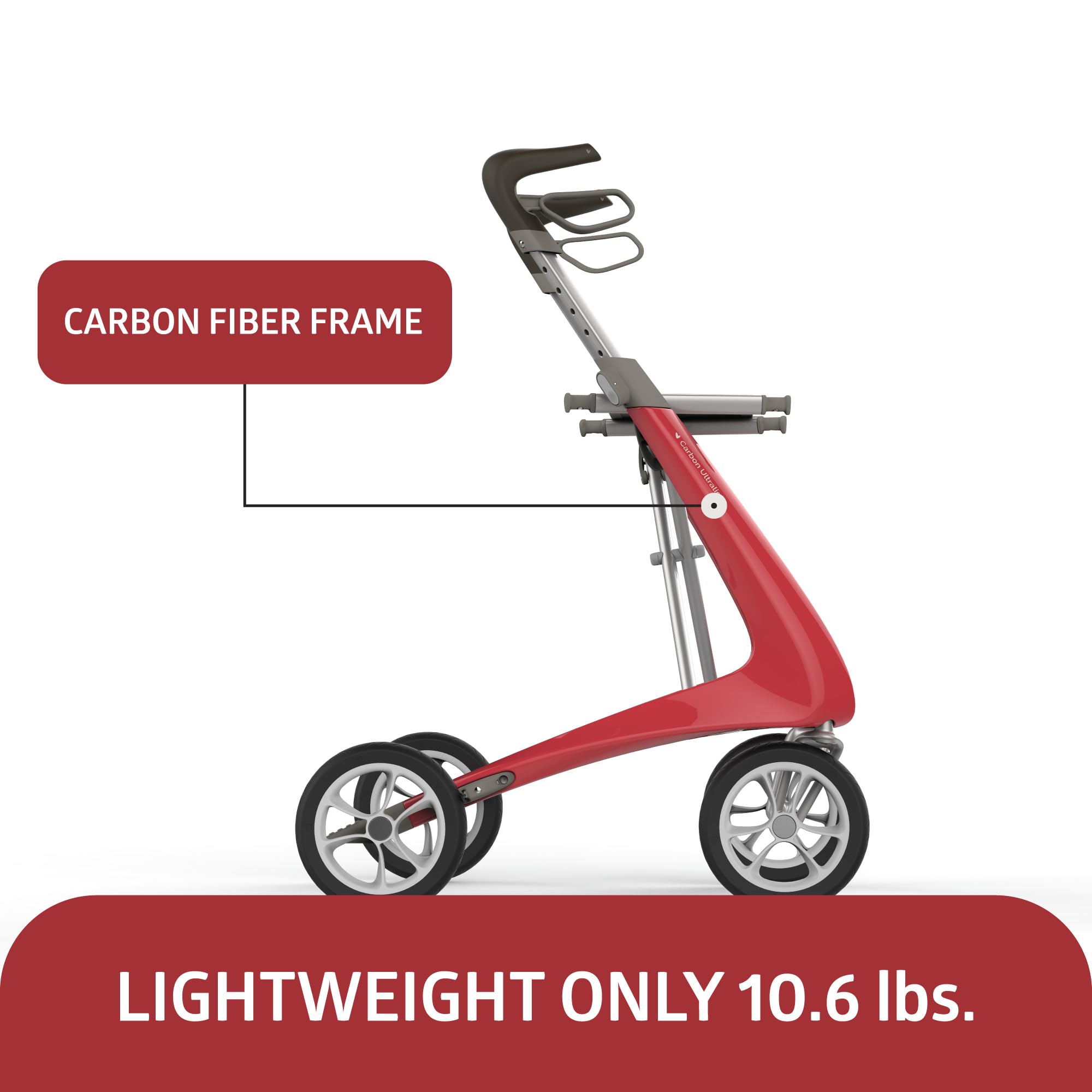 byACRE Carbon Ultralight Rollator Walker with Organizer Bag, Red, Regular Track