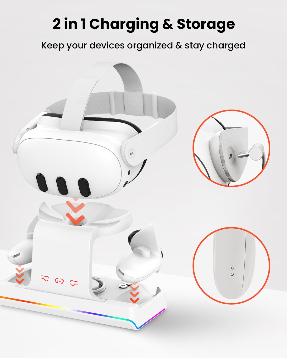 GEEKERA Charging Dock for Meta Quest 3/Oculus Quest 3, VR Headset & Controllers Charging Stand with RGB LED Light [On/Off], VR Accessories with 2 Rechargeable Batteries, Fast Charging Station
