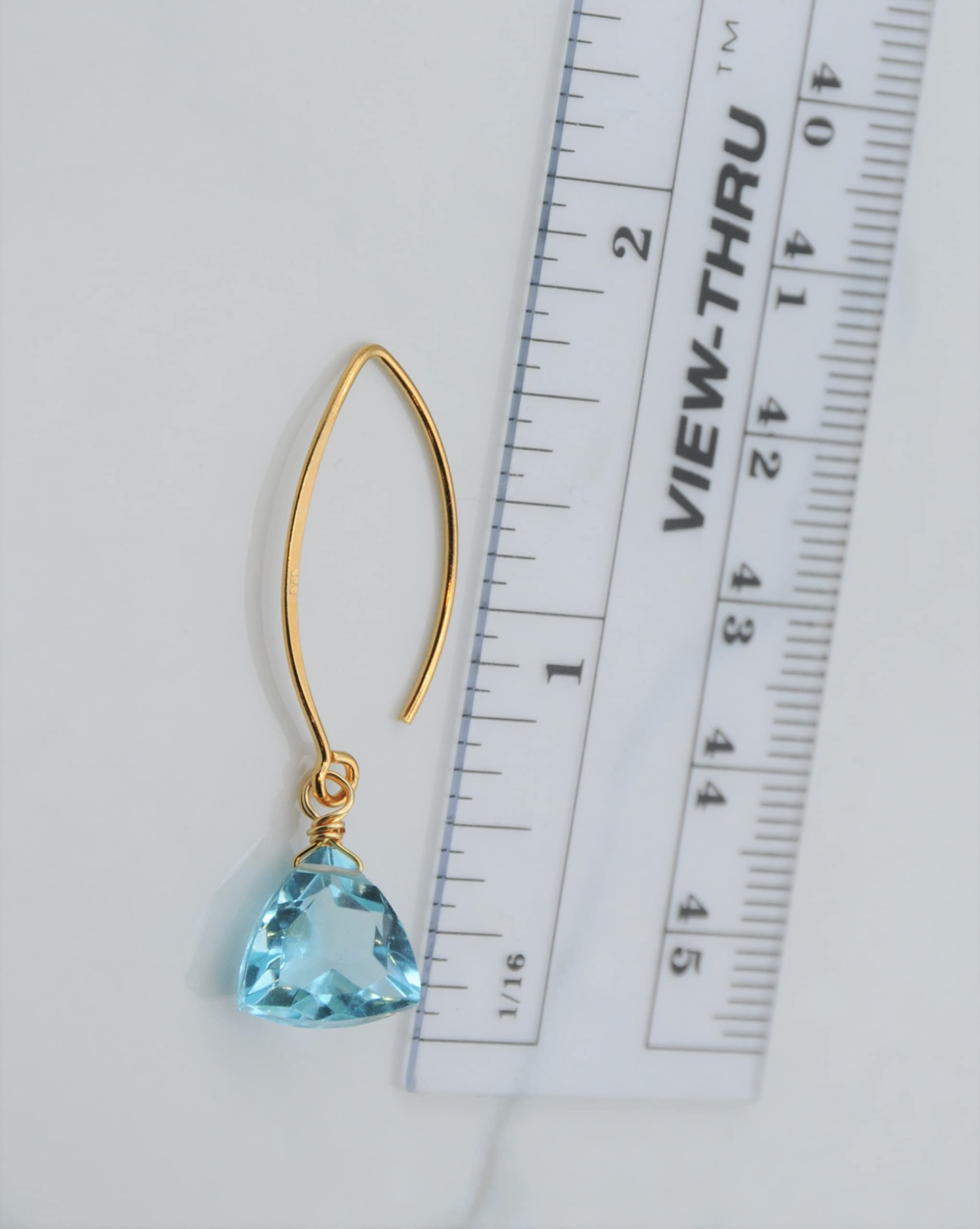 Aquamarine Blue Quartz Trillion 14k Gold Plated Sterling Silver Earrings