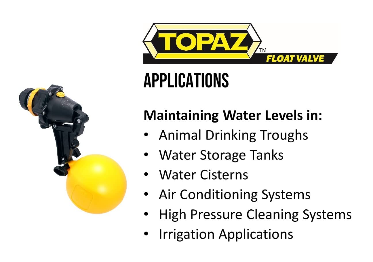 Jobe Valves J-TPV0100DLT Topaz Trough Valve with 4.9"-Wide Float, 200L/Min, 100PSI, Detach Long Tail, 1" NPT Inlet, Yellow/Black