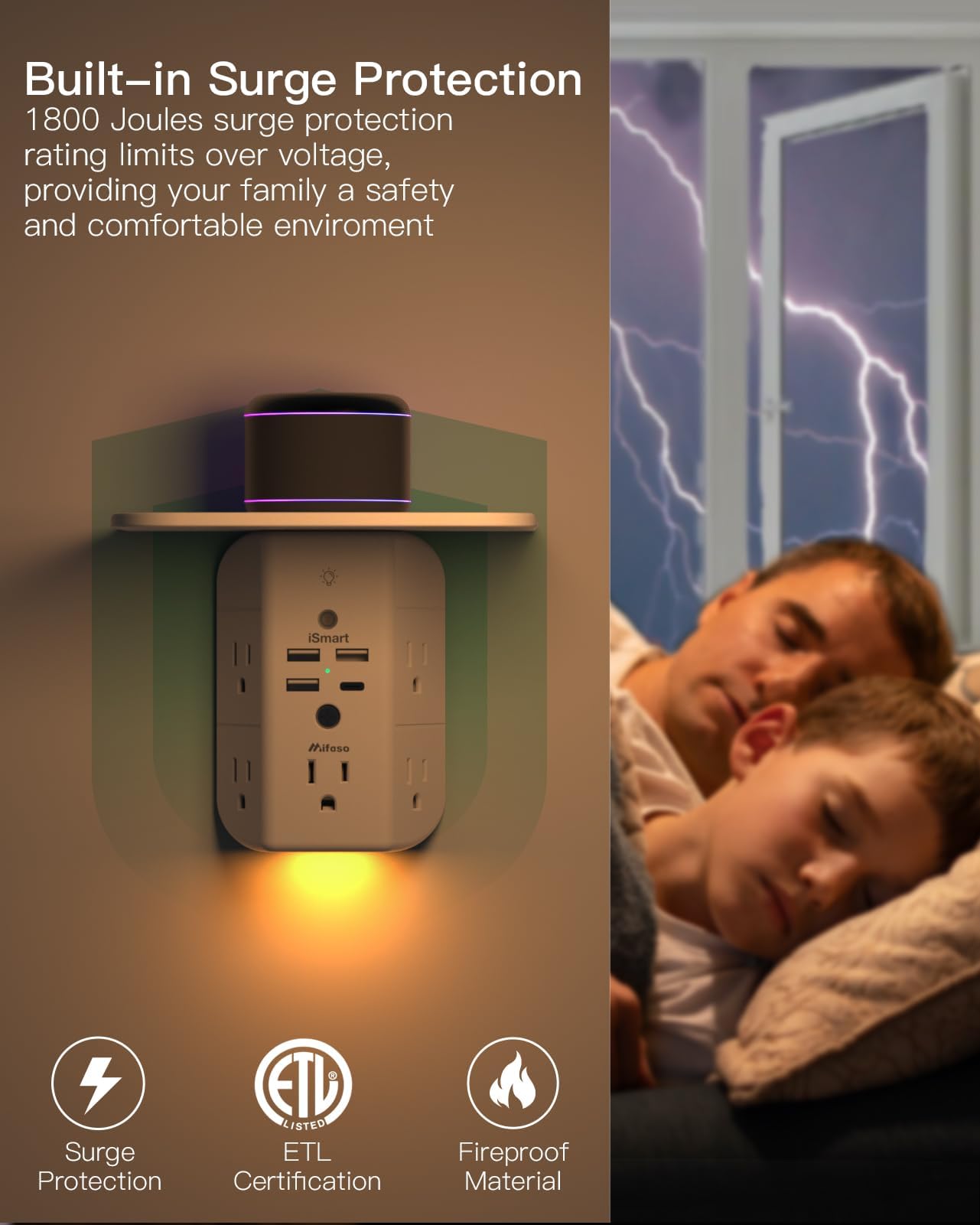 Wall Outlet Extender with Shelf and Night Light, Surge Protector, Wall Mount Charger Multi Plug Expander with 5 AC Outlets and 3 USB A Ports 1 USB C, Wide Space 3-Sided Power Strip Multi Plug Outlets