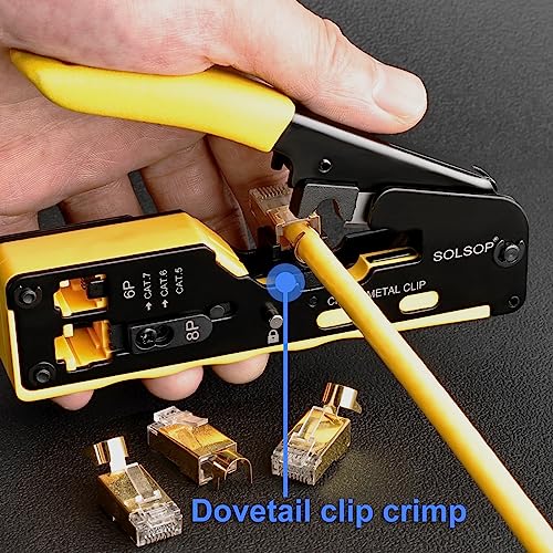 Solsop Pass Through RJ45 Crimp Tool Kit All-in-One Ethernet Crimper Cat7 Cat6 Cat5 Crimping Tool with Network Cable Tester, 50-Pack Cat6 RJ45 Pass Through Connector, 50-Pack Connector Boots
