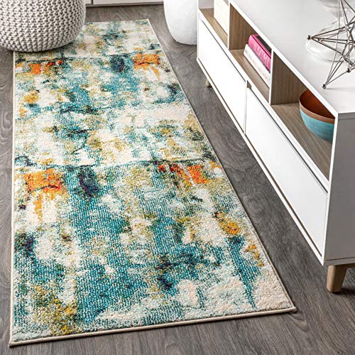 JONATHAN Y Modern Abstract Waterfall Blue/Cream Runner Rug, 2x8, Contemporary POP, Transitional, Easy-Cleaning for Living Room, Bedroom, Kitchen, Pet Friendly, Non-Shedding (CTP100A-28)