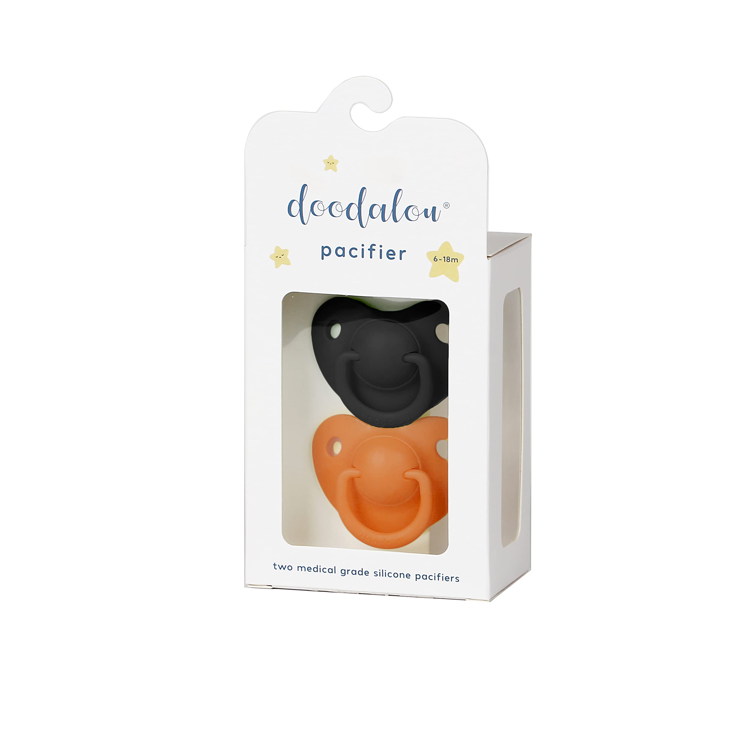 Doodalou Silicone Baby Pacifier - Set of 2 | Safe, Hygienic, and Soothing Teething Relief for Babies | Newborn Pacifier | 100% Medical Grade Silicone, Dishwasher Safe - Orange Black Small