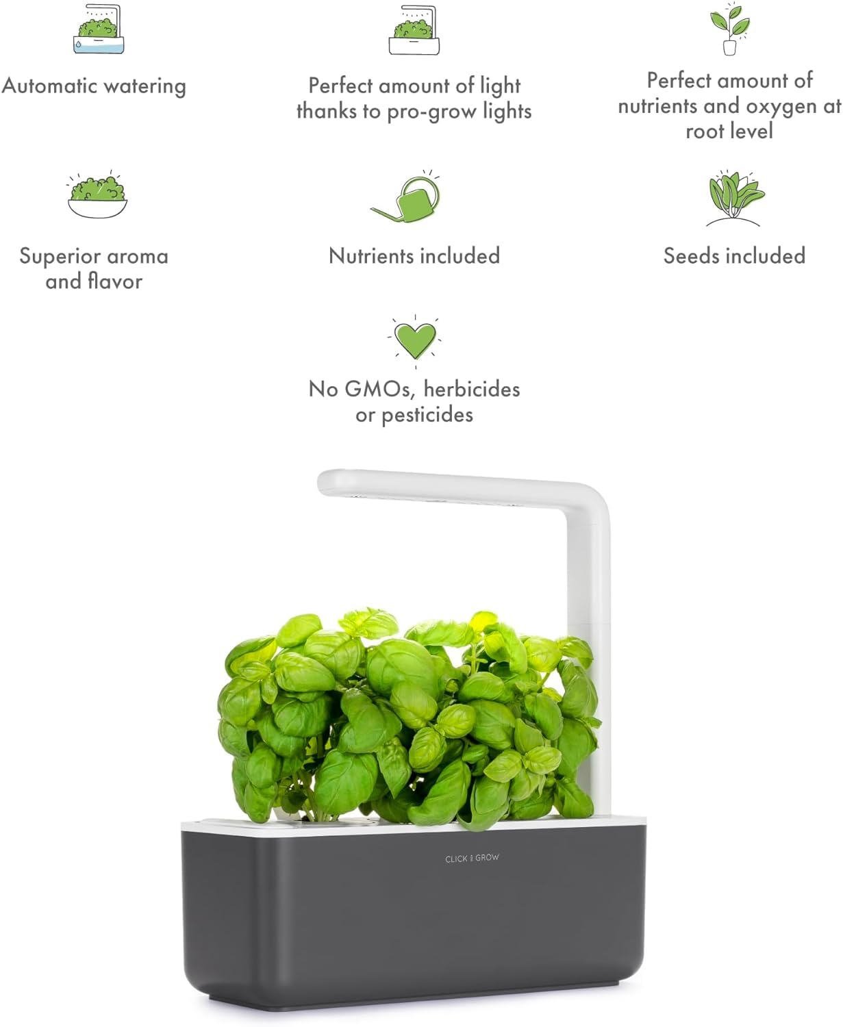 Click & Grow Indoor Herb Garden Kit with Grow Light | Smart Garden for Home Kitchen Windowsill | Easier Than Hydroponics Growing System | Vegetable Gardening Starter (3 Basil Pods Included), Grey