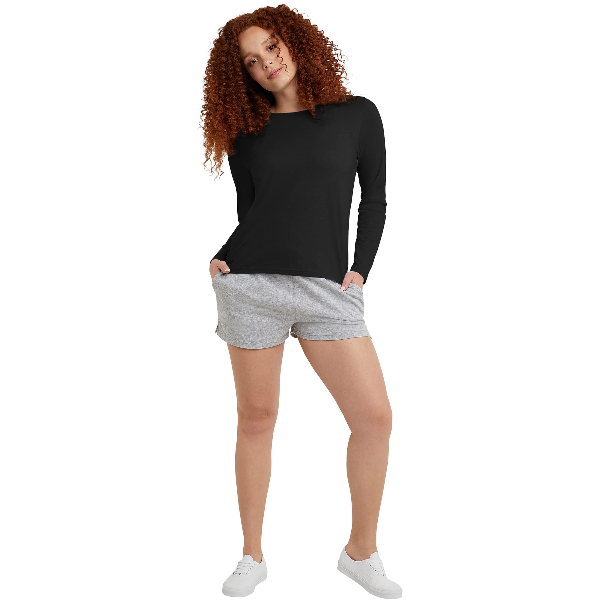 Hanes Comfortblend Women's Originals Long-Sleeve T-Shirt, Tri-Blend Lightweight Jersey Tee, Curved Hem, Available in Plus, Black