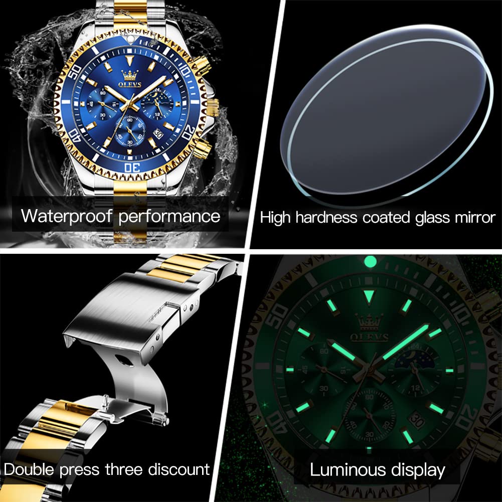 OLEVS Mens Watches Blue Chronograph Luxury Dress Moon Phase Quartz Stainless Steel Waterproof Luminous Business Calendar Wrist Watch