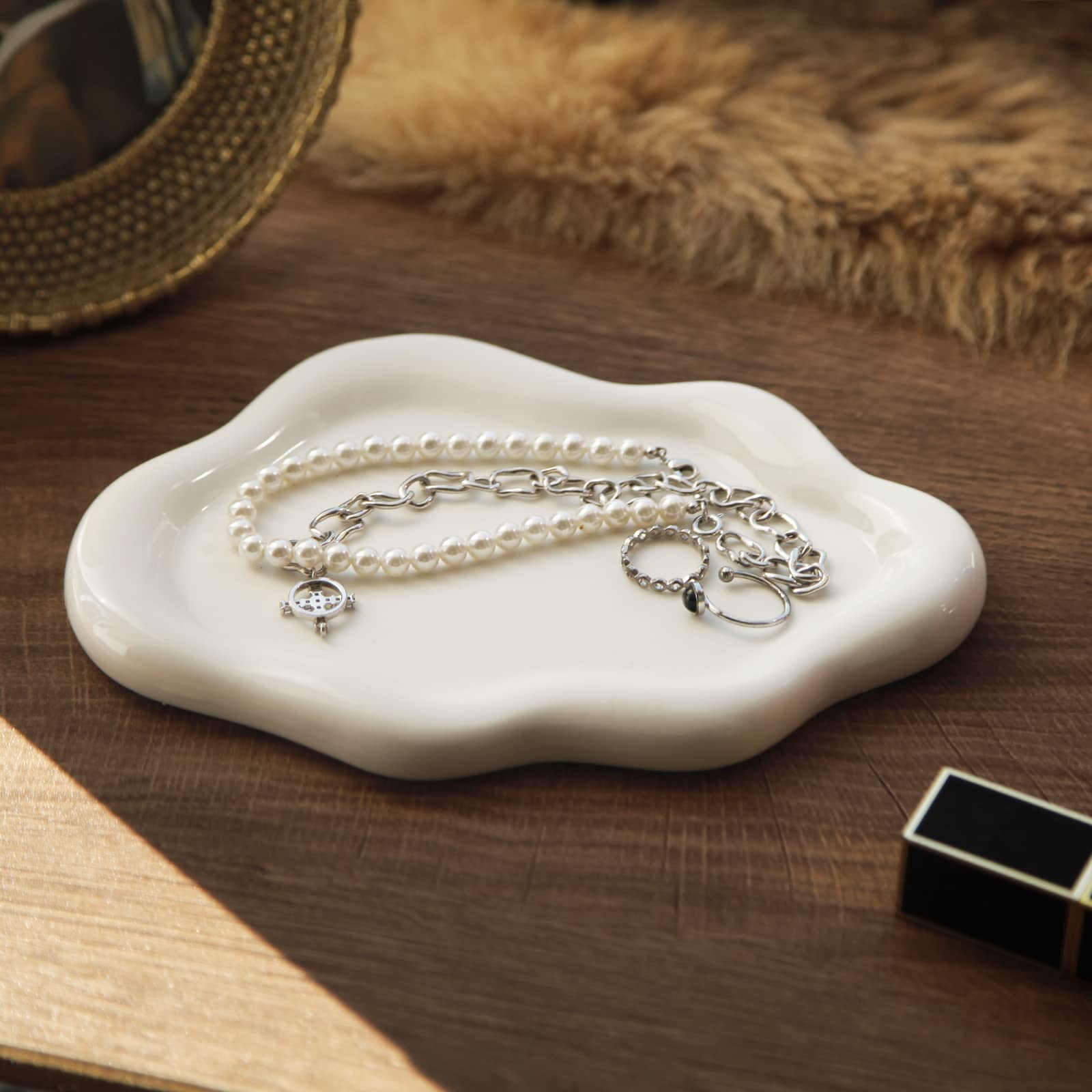 MDFAYE Jewelry Dish Trinket Tray for Women, Ring Dish Holder, Unique Cloud Shape Ceramic Plate Cute Things Vanity Aesthetic Room Decor Mother's Day Birthday Christmas Warm House Gifts (White)