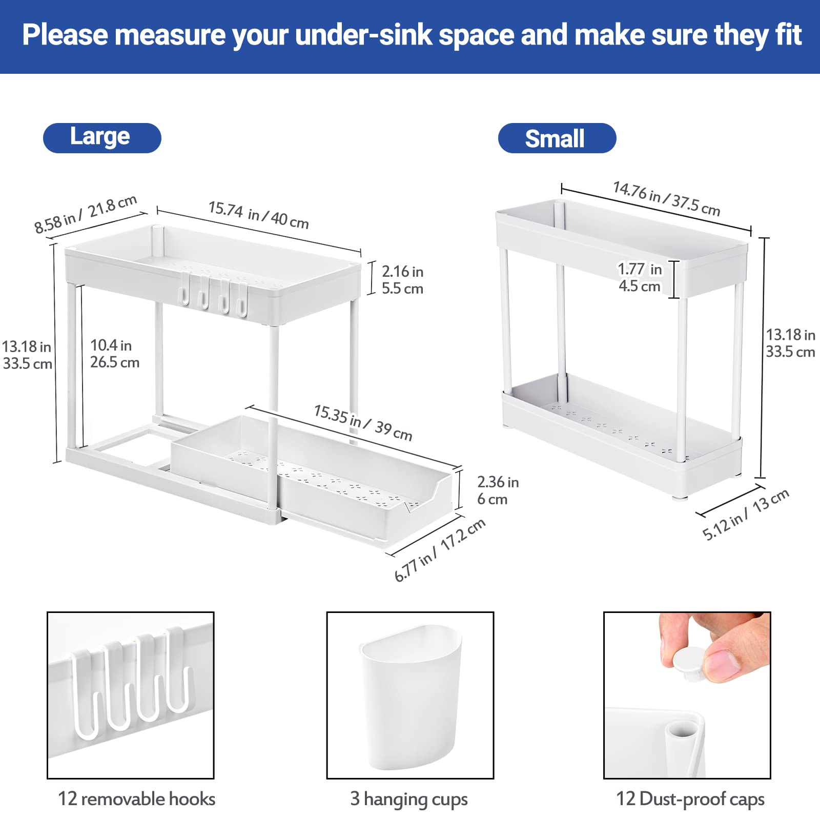 Puricon 3 Pack Under Sink Organizer, Pull Out Under Sink Storage for Kitchen, 2 Tier Sliding Under Sink Organizers and Storage Bathroom Under Cabinet Shelf for Cleaning Supplies -White