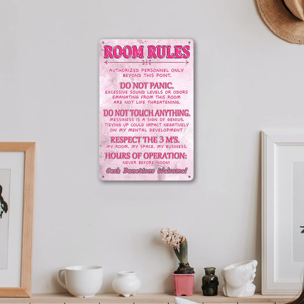 Pink Teen Girl Bedroom Decor - Cute Metal Tin Sign With Room Rules, Aesthetic and Preppy Decorations for Bedroom, 12 X 8 Inch