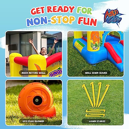 Action Air Inflatable Bounce House, Dinosaur Theme Bouncy Castle with Air Blower, Durable Sewn & Extra Thick for Indoor/Outdoor Fun with Slide