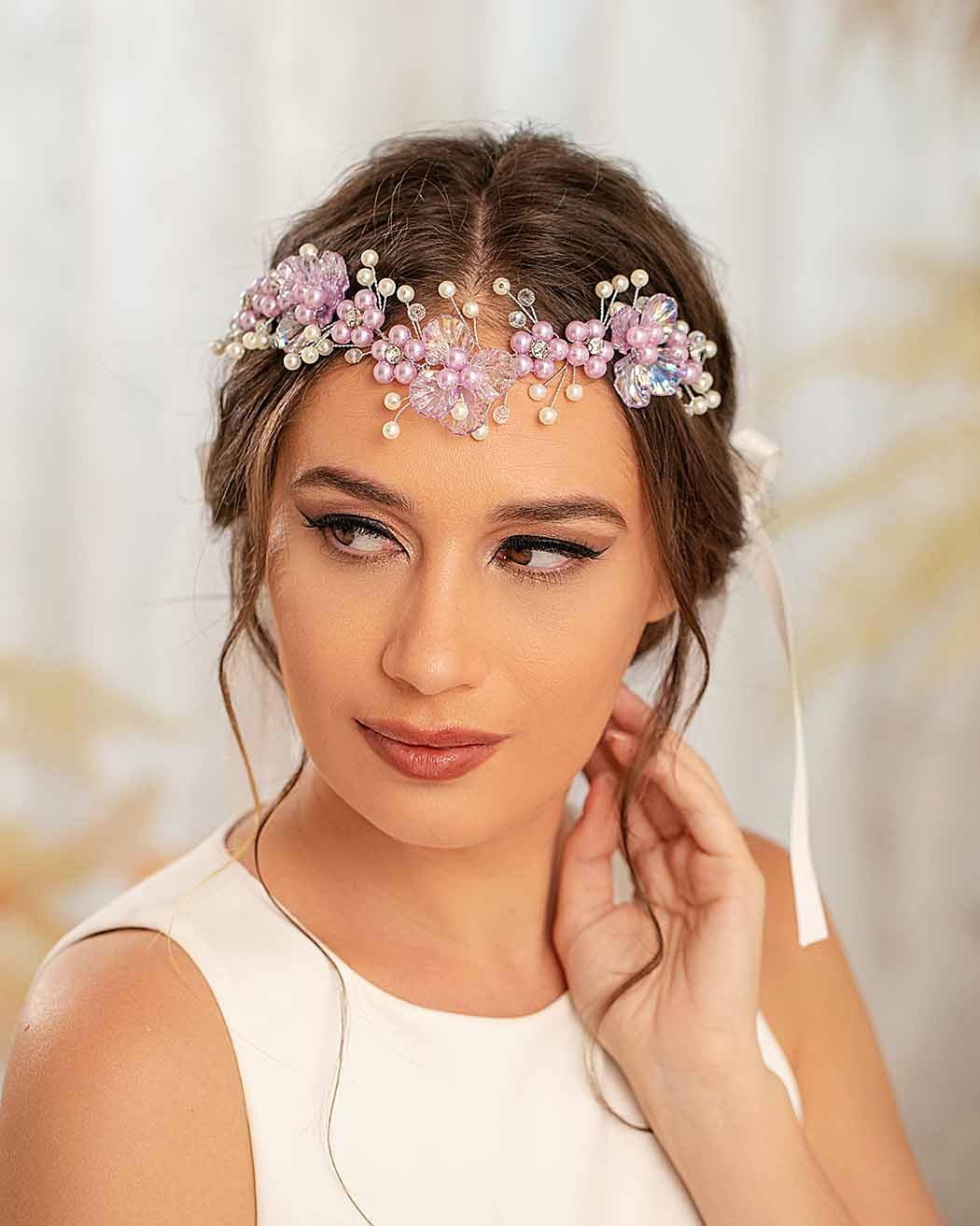 Campsis Fairy Headband Purple Elf Crystal Crown Flower Elven Tiaras V-Shape Bride Hair Accessories Halloween Cosplay Costume Headwear for Women