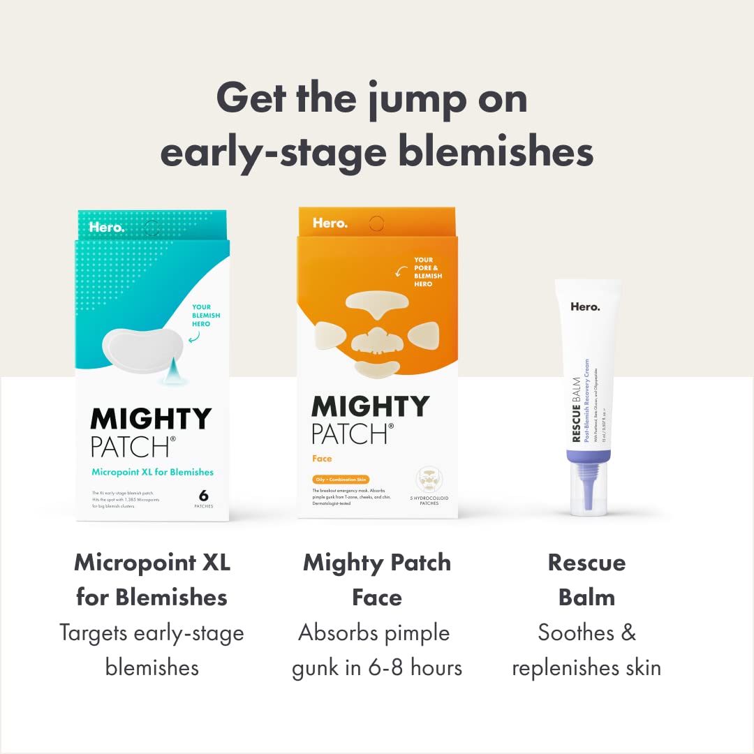 Hero Cosmetics Mighty Patch Micropoint™ XL for Blemishes - Hydrocolloid Acne Spot Treatment Patch for Early Stage Zits and Hidden Pimples, 1,385 Proprietary Micropoints (6 Count)