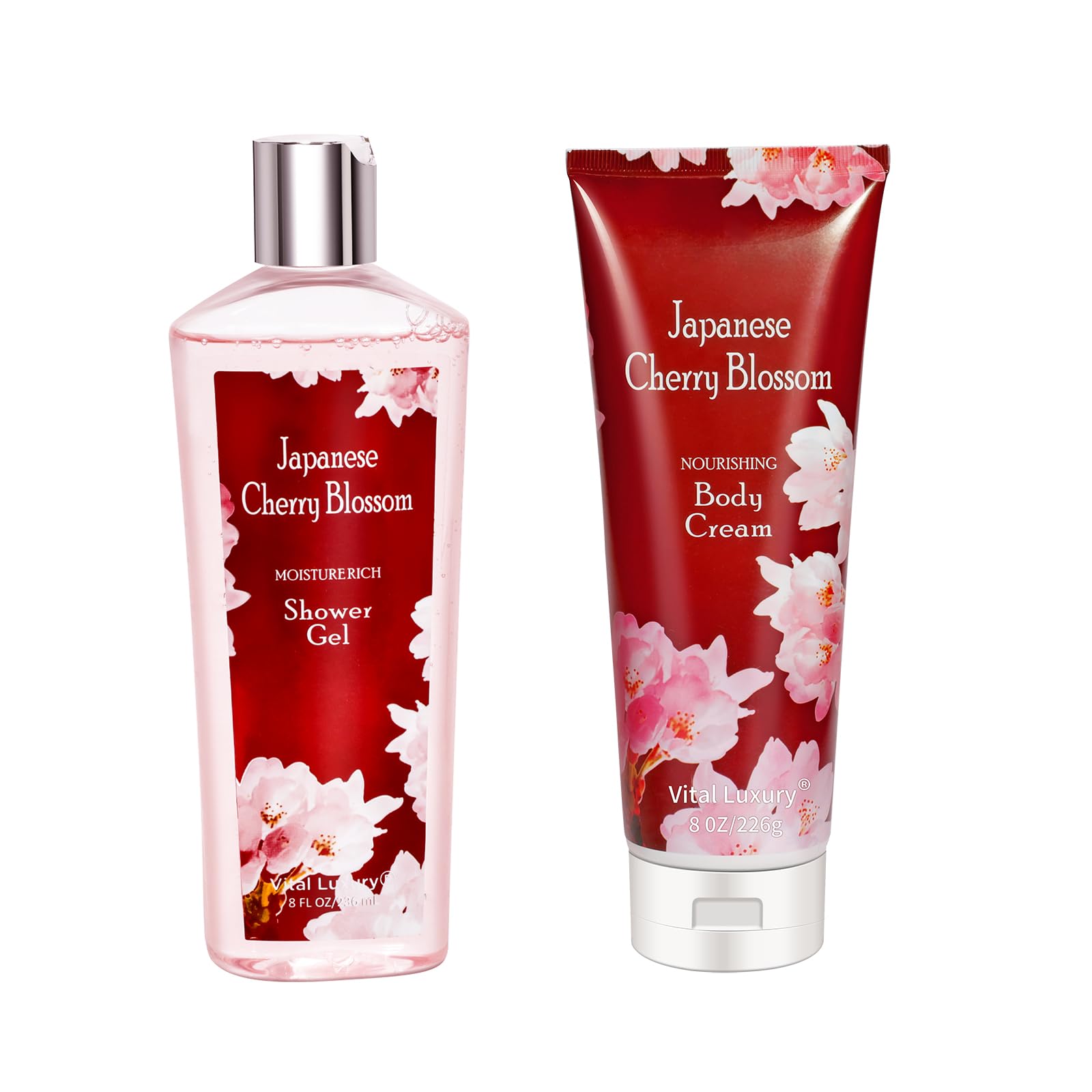 Vital Luxury Japanese Cherry Blossom Shower Gel and Body Cream Set - Nourishing and Moisturizing Daily Skincare - 8 fl.oz / 236mL Each, Christmas Gifts for Her and Him (Japanese Cherry Blossom)