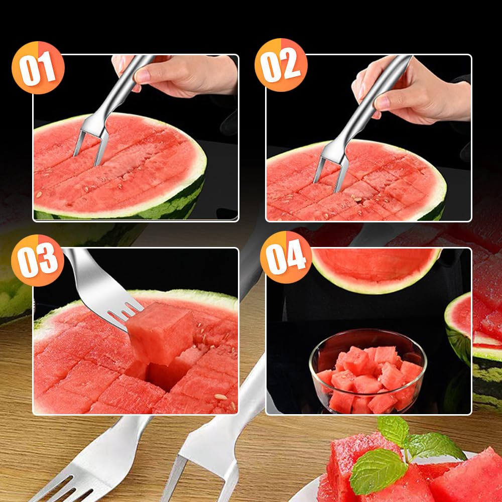 2-In-1 Stainless Steel Fruit Cutter, 2024 New Portable Watermelon Cutter Slicer Tool Melon Cube Cutter, Watermelon Windmill Fork Slicer Cutter for Summer Family Party Camping (1 Pc)