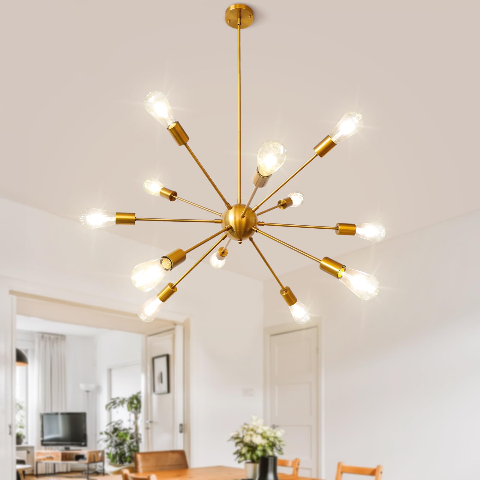 LynPon Gold Sputnik Chandeliers, 12 Lights Plating Golden Chandelier Light Fixture for Dining Room, Modern Adjustable Height Living Room Ceiling Light Fixture for Entryway Foyer Kitchen Bedroom