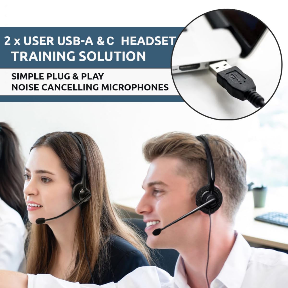 Project Telecom USB-A & USB-C, 2 Users, Binaural Noise Cancelling, Headset Splitter Training Supervising Coaching Bundle - Compatible with Microsoft Teams, Zoom, Cisco Webex, VoIP Softphone Apps