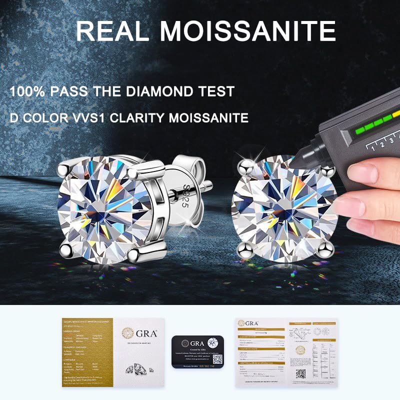 Ctarlitu Moissanite Stud Earrings, D Color VVS1 Brilliant Lab Created Diamond Earrings Women 925 Sterling Silver Screw Back Earrings For Men (2.6 carat/pairs, Gold)