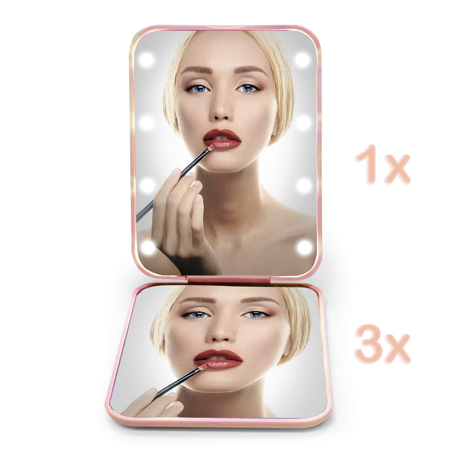 Kintion Pocket Mirror, 1X/3X Magnification LED Compact Travel Makeup Mirror with Light for Purse, 2-Sided, Portable, Folding, Handheld, Small Lighted Mirror for Gift, Pink