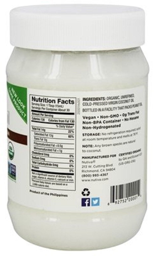 Nutiva Organic Coconut Oil, Cold-Pressed, Unrefined Cooking Oil, Natural Hair Oil, Skin Oil, Massage Oil, USDA Organic, Extra Virgin Coconut Oil (Aceite de Coco) 15 Fl Oz (Pack of 2)