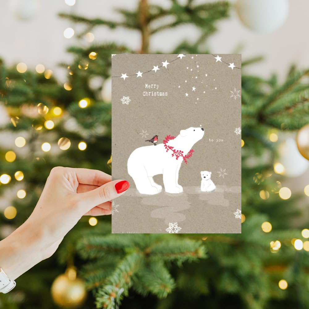 Tree-Free Greetings Holiday Greeting Cards, Polar Bear Merry Christmas, Vintage Brown Recycled Paper, Boxed Note Card Set, 10-Pack (HB93300)