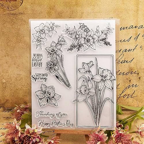 LZBRDY Daffodil Flower Leaves Wishes Words Craft Stamps for Scrapbooking Card Making Birthday Thanksgiving Christmas Valentine's Day Stamps