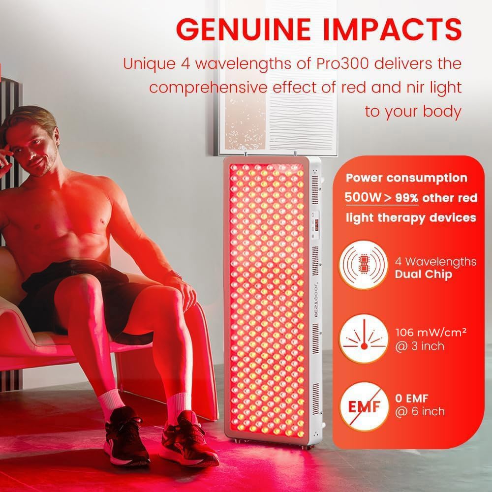 Bestqool Red Light Therapy Device, 4 Wavelengths Full Body Near Infrared Light Therapy, Elite Grade Dual Chip 300 LEDs, High Power Panel for Pain Relief, Muscle, Skin, Energy. 500W. Modular Design.