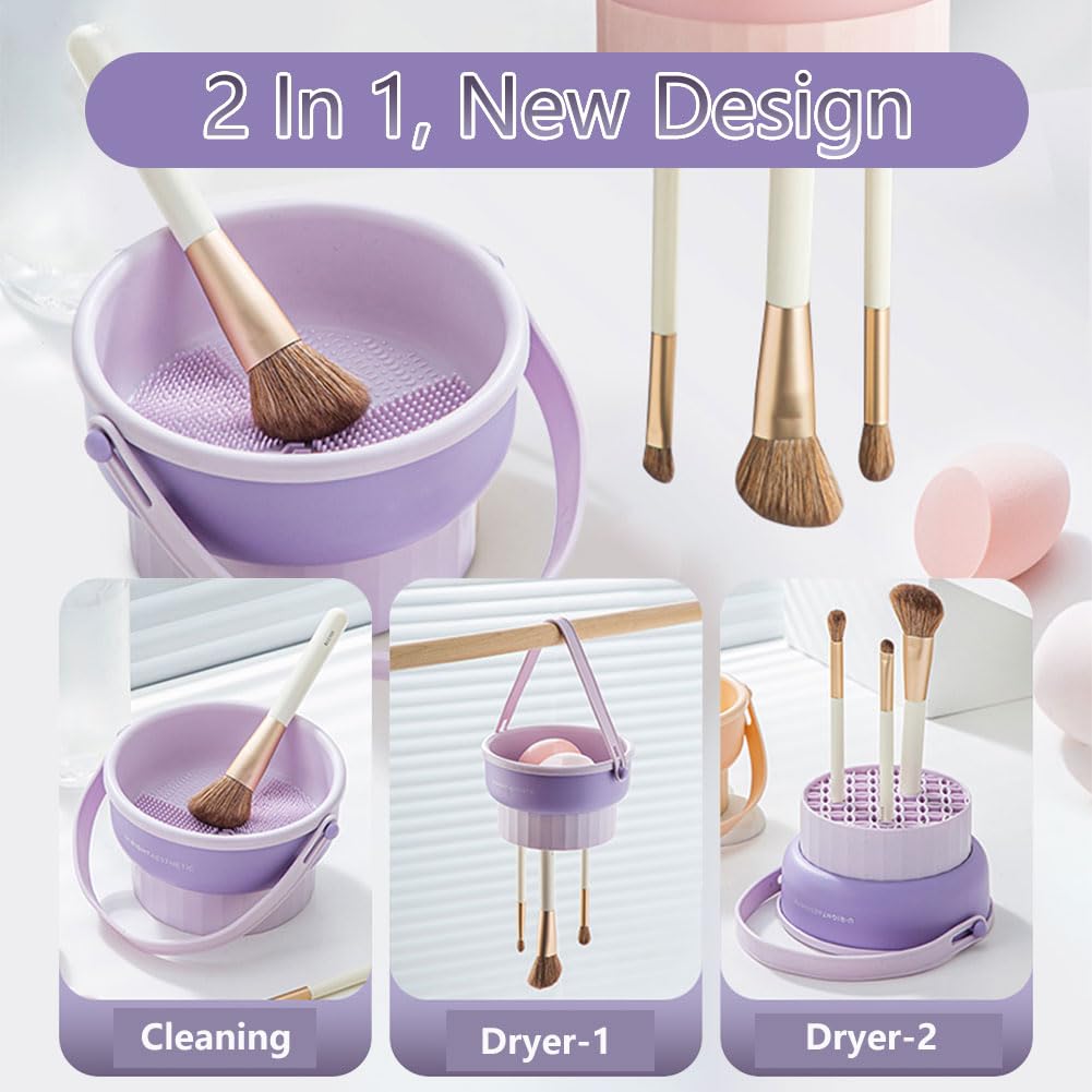 Makeup Brush Cleaning Set Brush Cleaner Dyer Holder 3 in 1 Portable Cleaning Tool for Brushes, Powder Puffs, and Sponges with Bowl, Holder & Mat(purple)