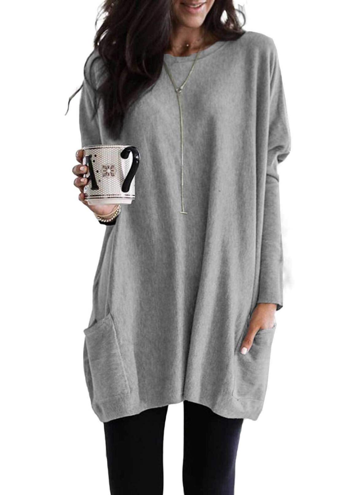 Dokotoo Womens Tops Long Sleeve Shirts Winter Outfits for Women 2024 Tunics Tops Blouse Fashion Oversized Sweatshirt Tshirts Long Tops Tunic with Pockets Tops for Leggings Winter Clothes Gray L