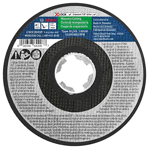 BOSCH CWX1M450 4-1/2 In. x 1/16 In. X-LOCK Masonry Cutting Abrasive Wheel 24 Grit Compatible with 7/8 In. Arbor Type 1A (ISO 41) for Applications in Masonry Cutting