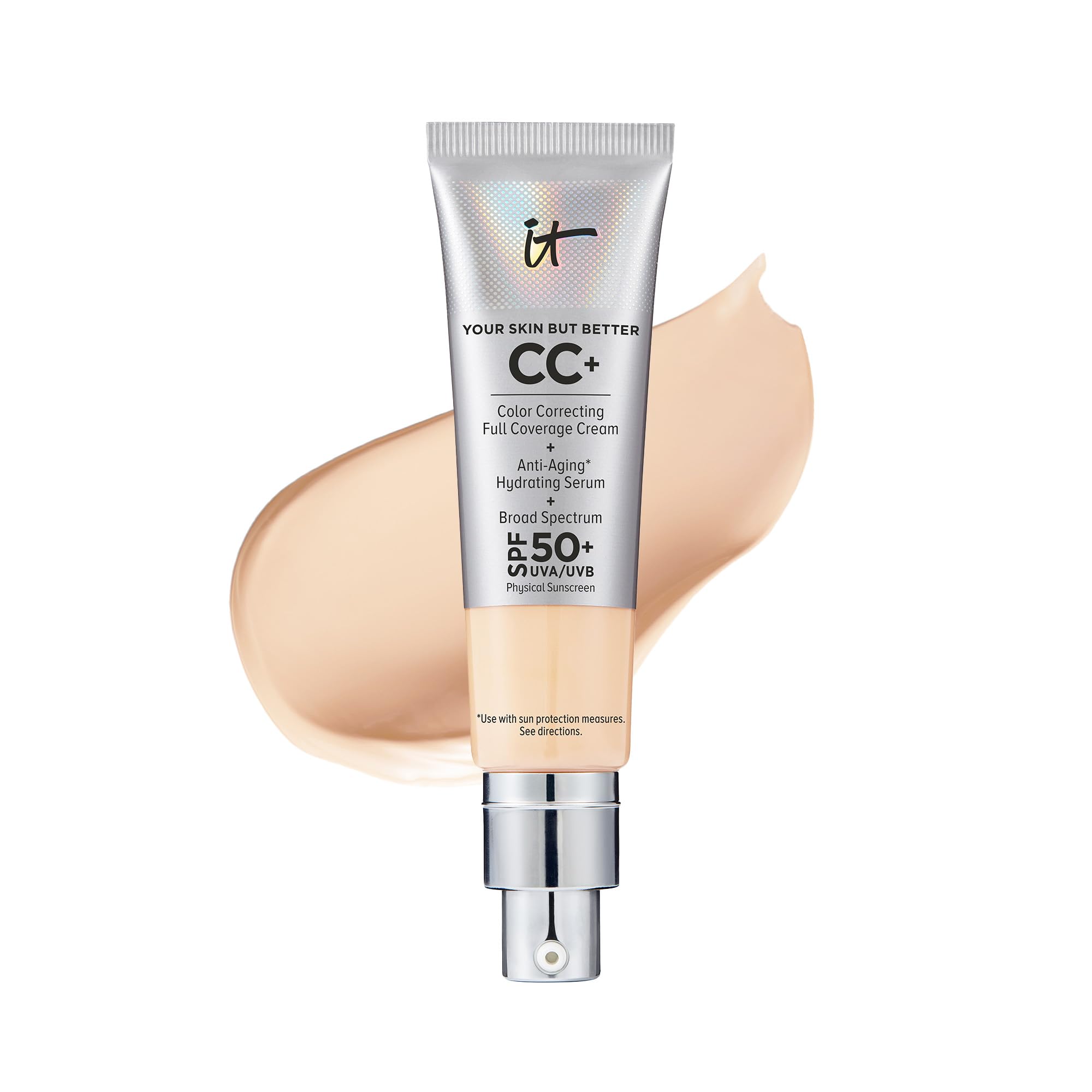 IT Cosmetics Your Skin But Better CC+ Cream, Light (W) - Color Correcting Cream, Full-Coverage Foundation, Hydrating Serum & SPF 50+ Sunscreen - Natural Finish - 1.08 fl oz