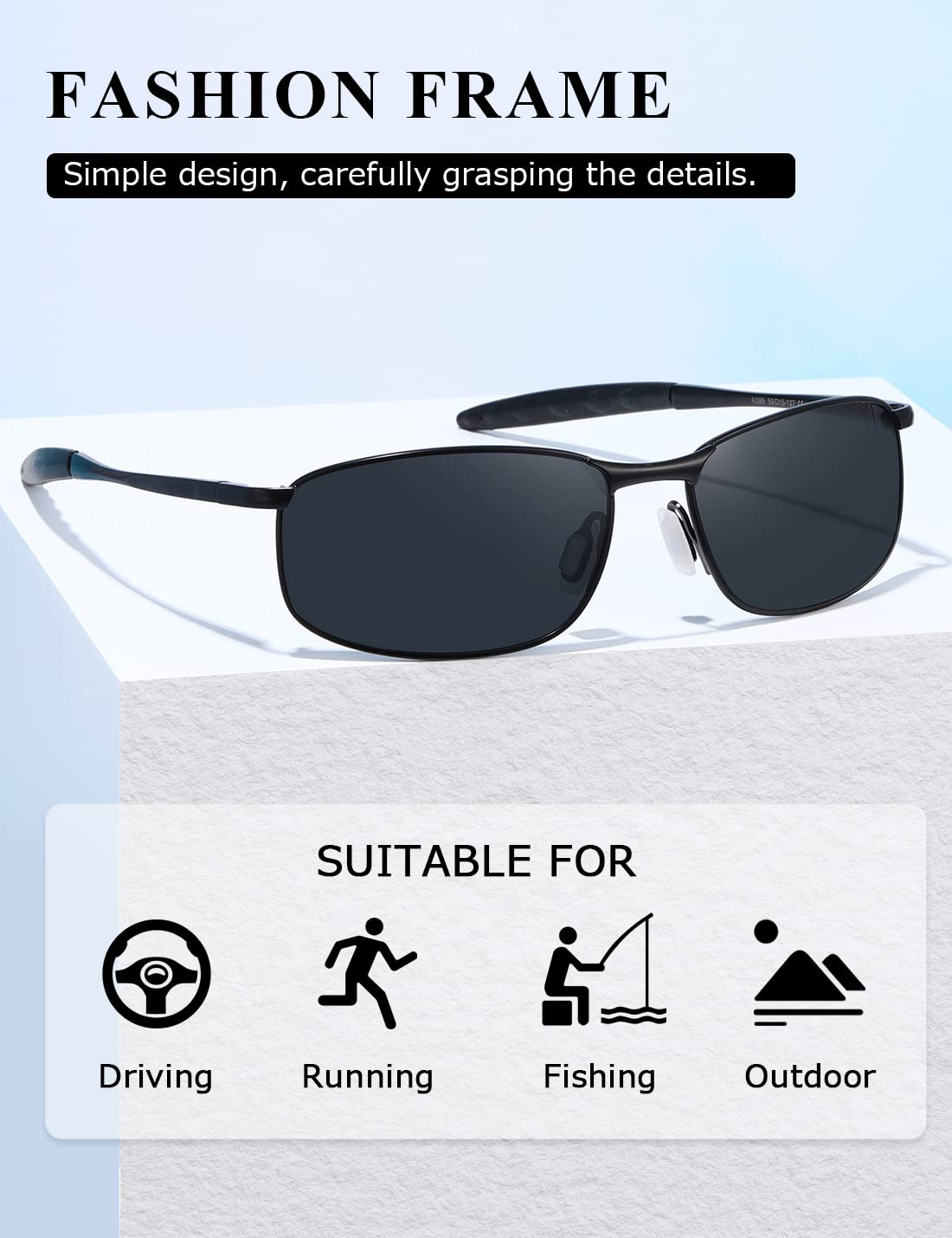 AEVOGUE Polarized Sunglasses For Men Rectangle Metal Frame Retro Sun Glasses AE0395 (Black, 59)