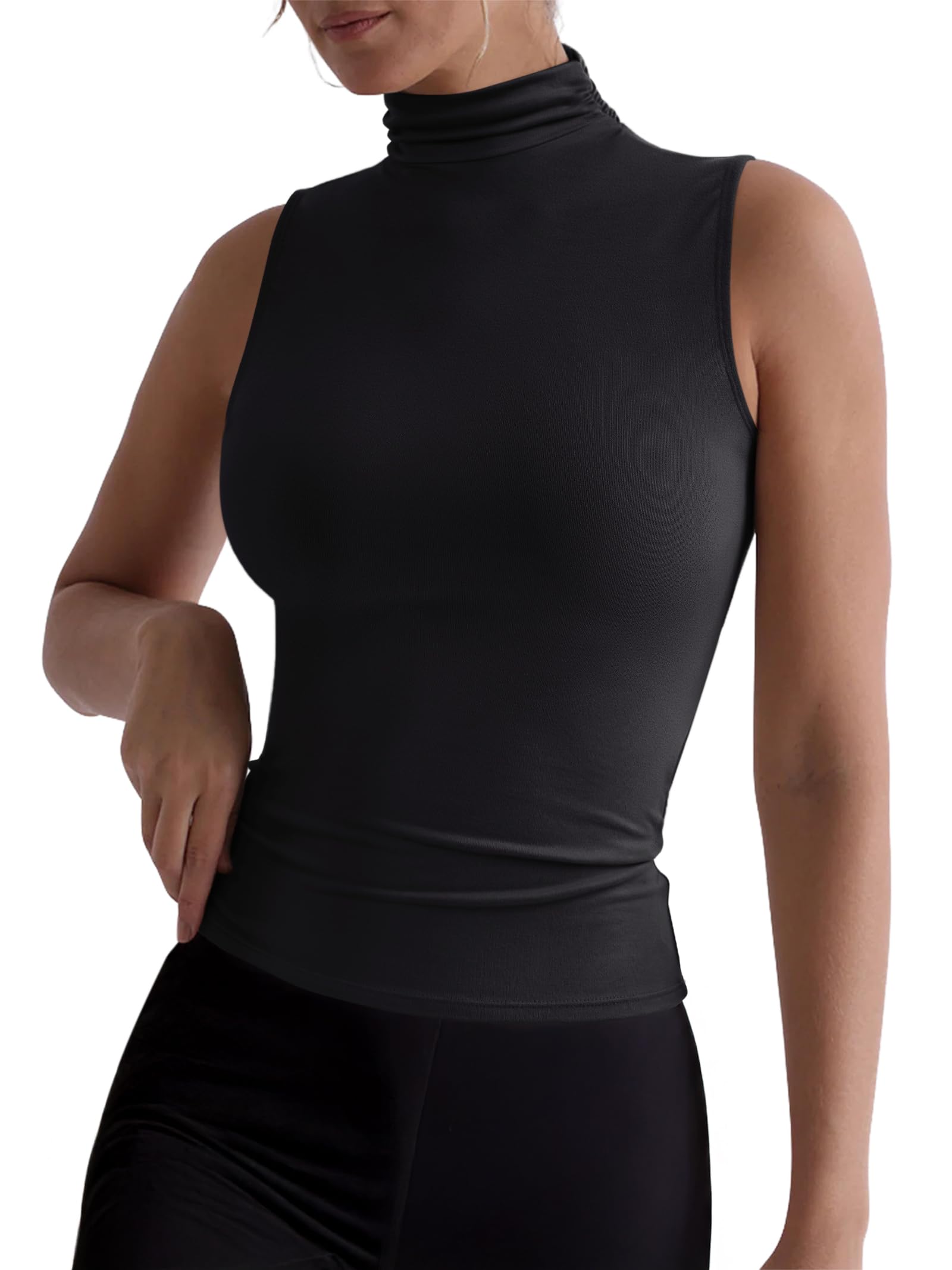 REORIA Women's Fall Sleeveless Mock Turtleneck Tank Tops Slim Fitted Shirts 2025 Offic Casual Going Out Vest Cute Clothes Black Small