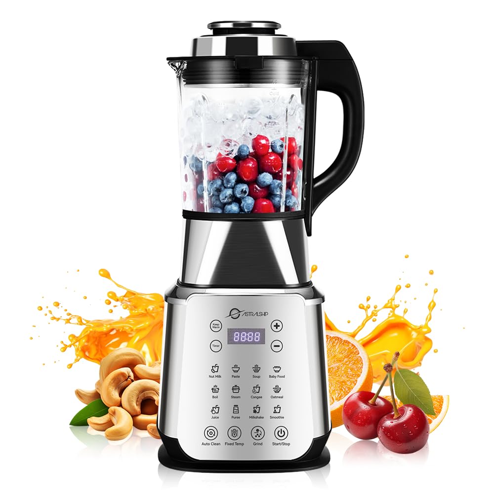 ASH01-S 1200W Stainless Steel Blender for kitchen with Heating 26000-60000RPM High Speed Food Processors, Glass jar blender with Keep Warm, Auto Clean, 14 Preset Functions for Nut Milk, Smoothies more