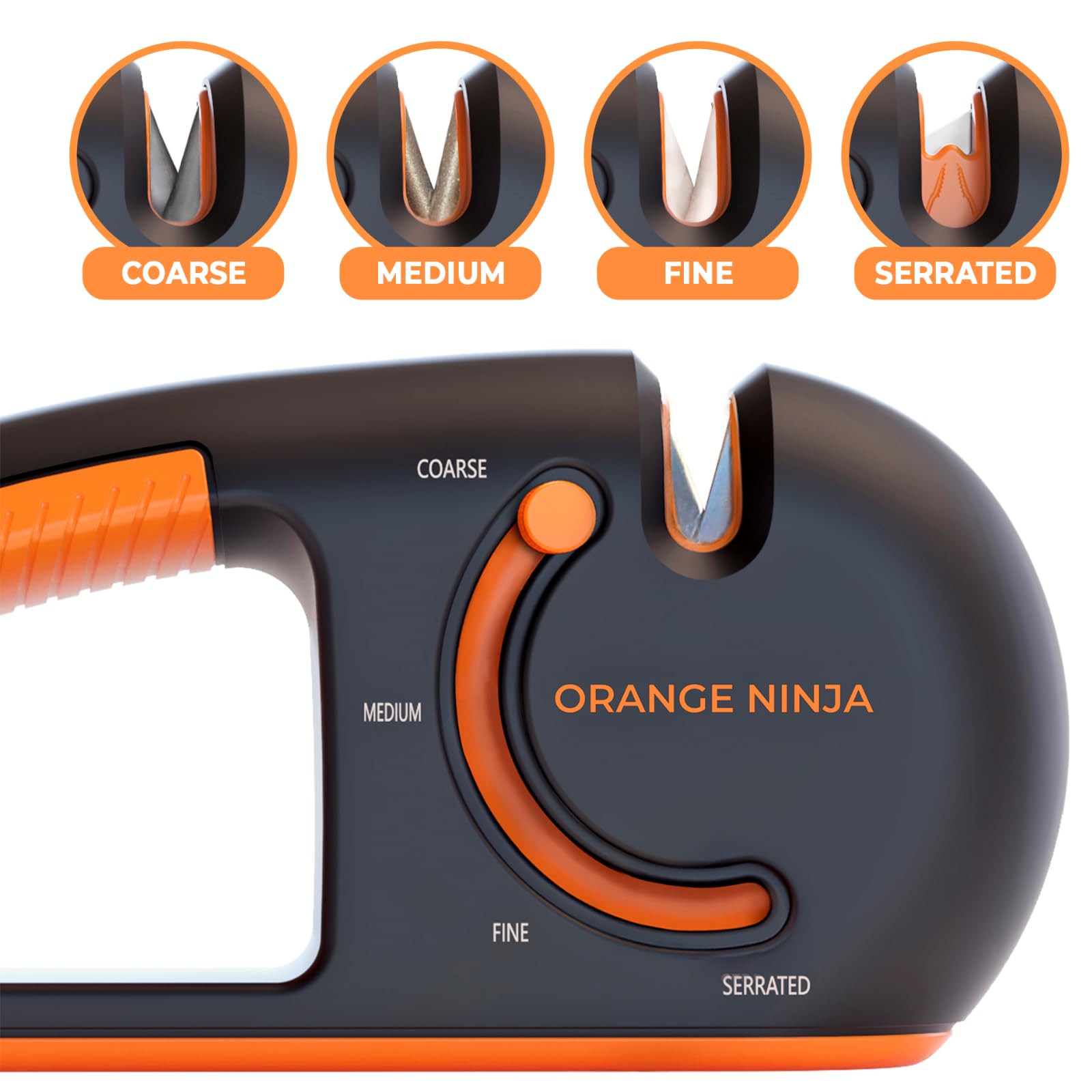 Orange Ninja 4-Stage Knife Sharpener - Premium Kitchen Knife Sharpeners - Adjustable Handheld Manual Knife Sharpeners for Pocket knife, Chefs & Serrated Knife by Sharp Pebble