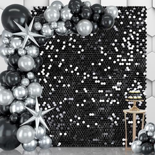 Black Shimmer Wall Backdrop Panel - 12 Pcs Glitter Bling Sequins Photo Backdrops Sheets Hexagon Birthday Anniversary Wedding Decorations Engagement & Bridal Shower Party Decor