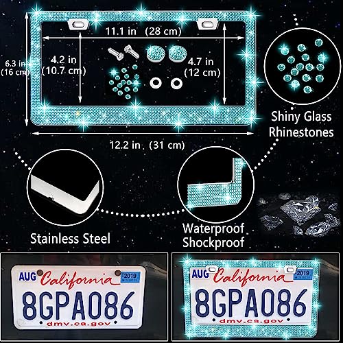 NBTEPEM 27 PCs Aquamrine Bling Car Accessories Set for Women, Steering Wheel Covers Universal Fit 15 Inch, Bling License Plate Frame, Bling Phone Holder, Bling Car Coasters (Aquamrine Diamond)