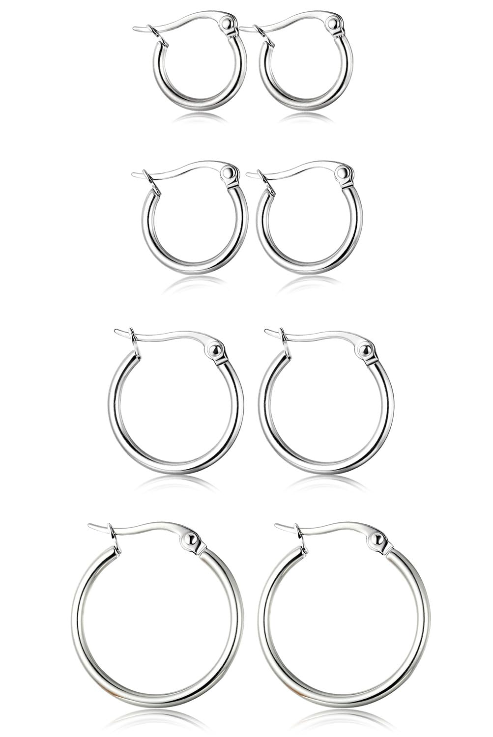 ORAZIO 4 Pairs Stainless Steel Hoop Earrings Set Cute Huggie Earrings for Women,Silver-Tone,10MM-20MM