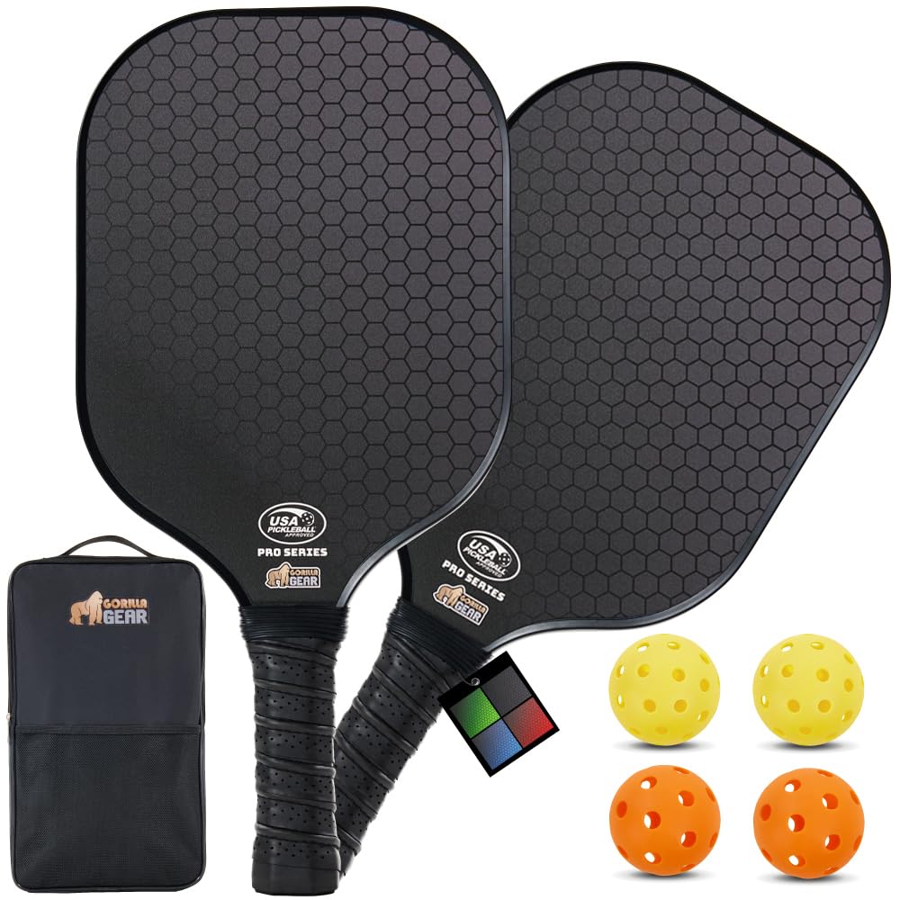 Gorilla Gear USAPA Pickleball Approved Paddle, Fiberglass Shock Absorbent Racket with Ergonomic Grip, Indoor Outdoor Pickle Ball Court Sports Accessories, Set of 2 Paddles 4 Balls and 1 Bag, Black