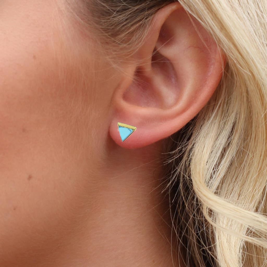 Dainty Minimalist Turquoise Stud Earrings 925 Sterling Silver Gold Plated & Natural Stone Women's Earrings Tiny Studs Triangle Shape - Hypoallergenic Safe for Sensitive Ears - USA HANDMADE (Gold)