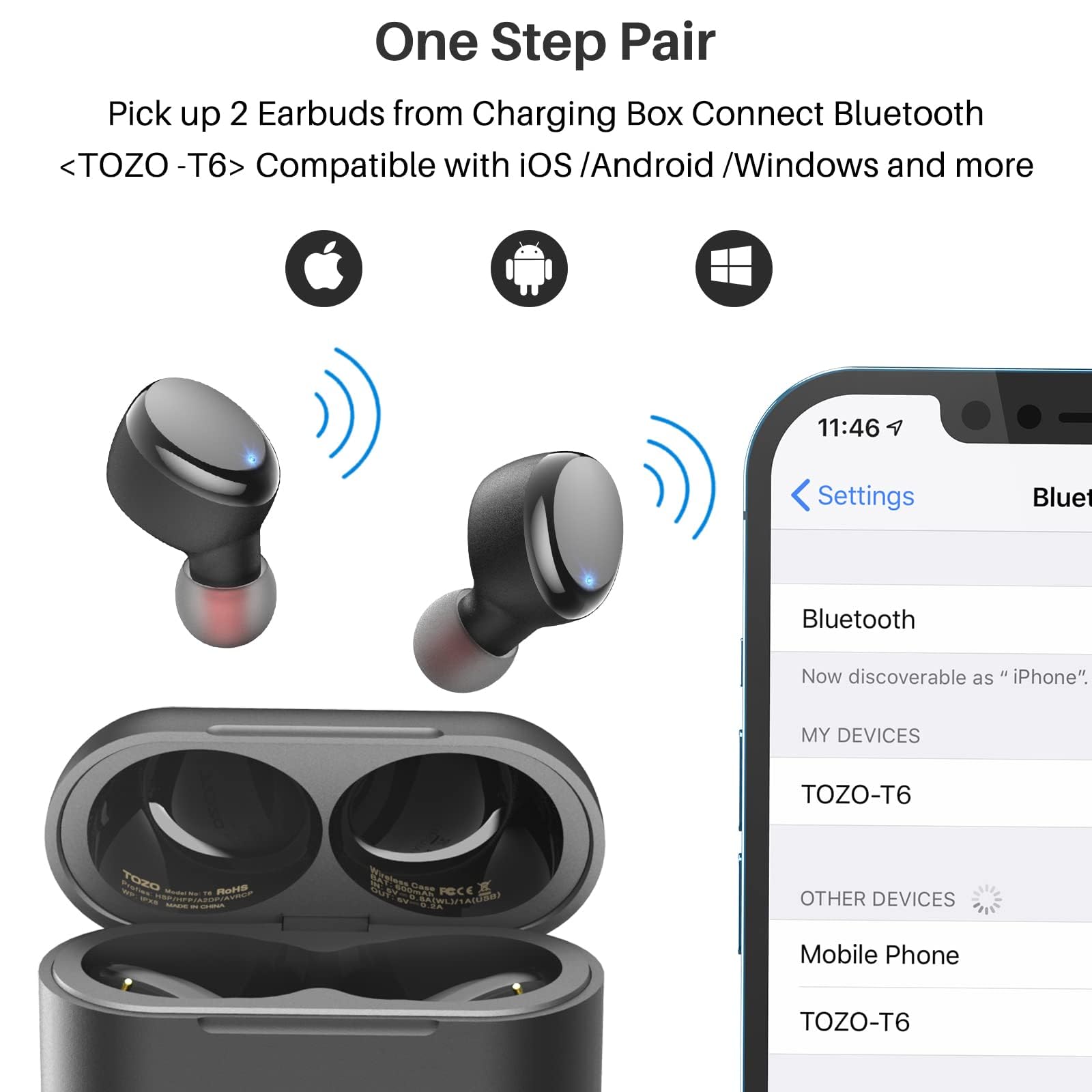 TOZO T6 True Wireless Earbuds Bluetooth 5.3 Headphones 45H Long Playtime, Wireless Charging Case, IPX8 Waterproof Stereo Earphones, Built-in Mic Calls, Headset Premium Deep Bass 32 Preset EQs via APP