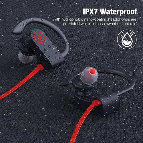 JOYWISE Bluetooth Headphones Wireless Earbuds 16H Playtime Wireless Headphones IPX7 Waterproof Bluetooth 5.3 Running Headphones with Mic Stereo In Ear Earphones Sound Isolation for Workout, Sports Red