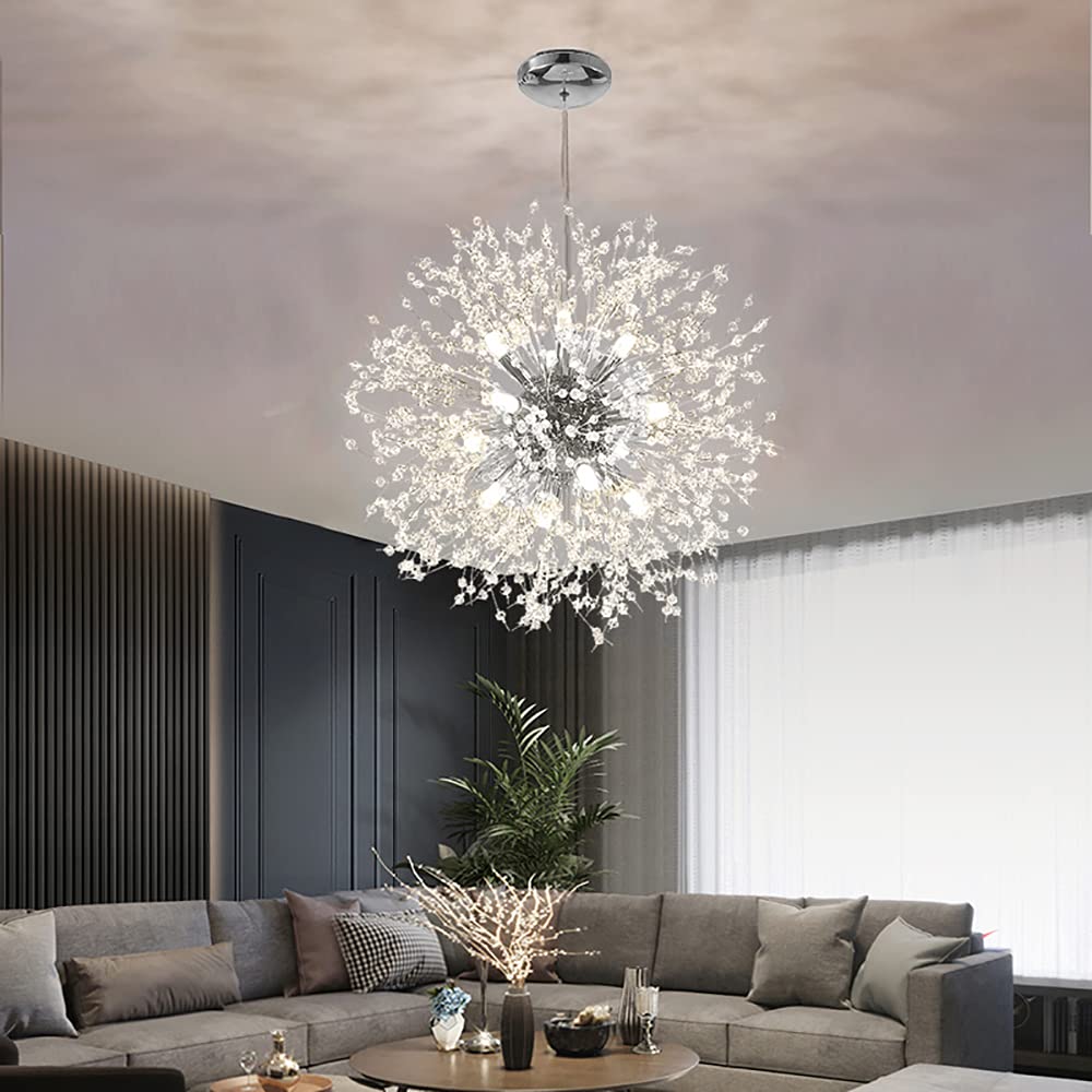 Mivenda Modern Crystal Chandeliers 12-Light Chrome Dandelion Light Fixture,Firework Chandelier,Personalized Ceiling Hanging Lighting for Bedroom,Dining Room,Kitchen,Living Room Chandelier