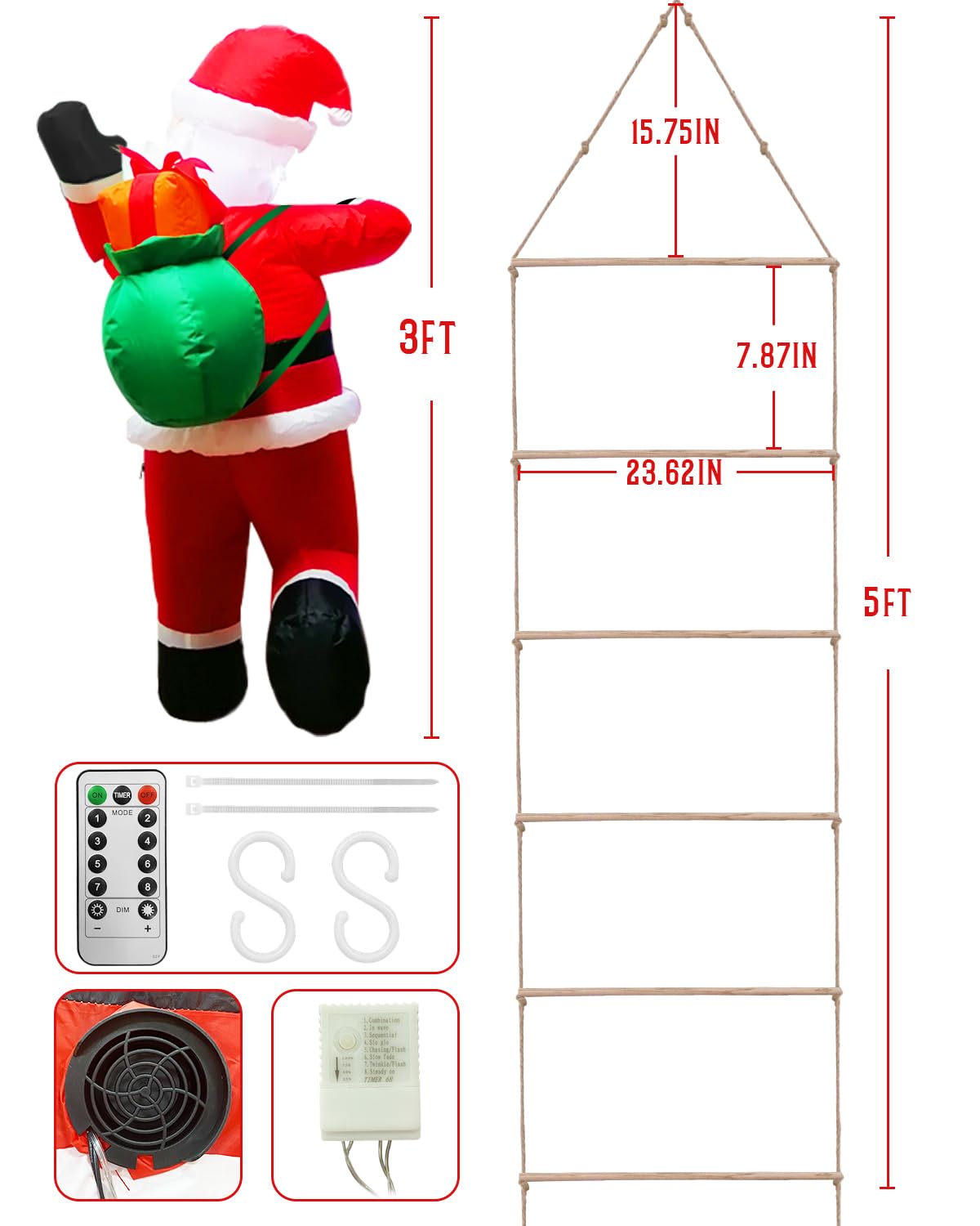 5FT Christmas Inflatable Santa Claus Has Built-in LED Light, Inflatable Santa Claus Ladder Lights with 8 Modes, Dimming, Christmas Decorations Lights for Window Wall Garden Outdoor Indoor Holiday Xmas