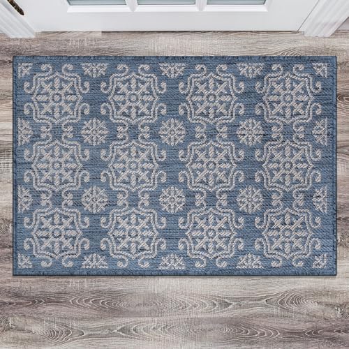 Rugshop Budelli Transitional Geometric Textured Flat Weave Easy Cleaning Outdoor Rugs for Deck,Patio,Backyard Indoor/Outdoor Area Rug 2' x 3' Blue