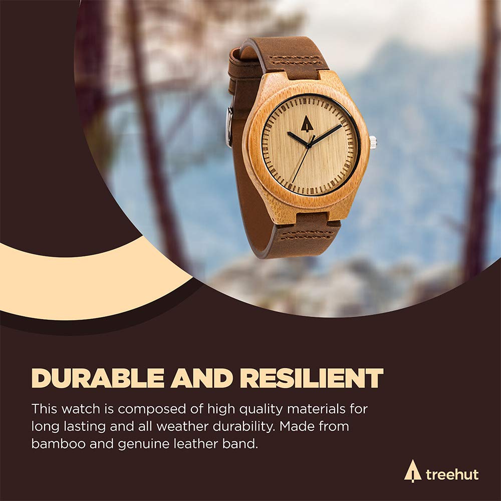 Treehut Wooden Watches for Men, Japanese Quartz Movement, Stylish Exotic Wrist Watch with Adjustable Stainless Steel Buckle, Leather Straps, Watch Made Real Wood, Relojes para Hombre