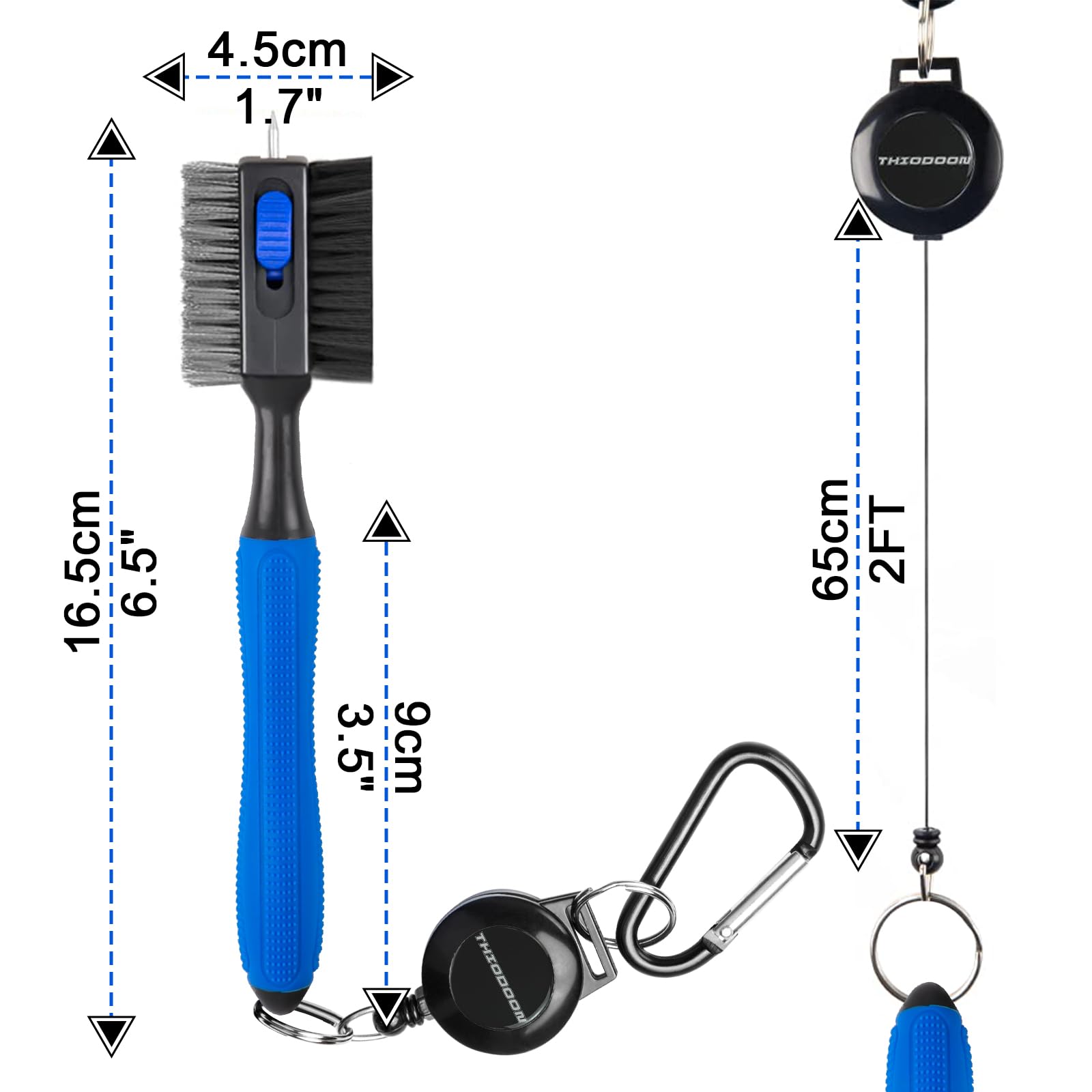 THIODOON 2 Pack Golf Club Cleaner Brush with Retractable Spike 2FT Extension Cord and Carabiner Lightweight Golf Club Groove Cleaning Brush Tool for Irons and Woods Comfortable Handle Grip