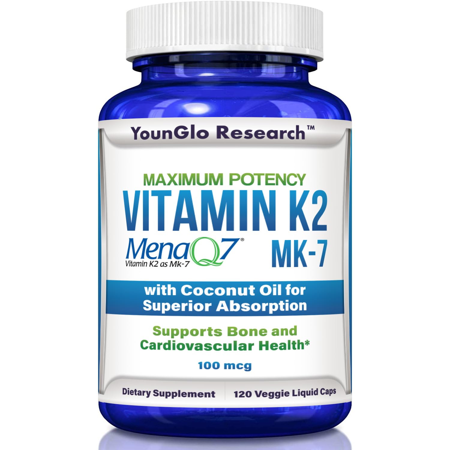 YounGlo Research Vitamin K2 MK7 (MenaQ7) 100 mcg w/Coconut Oil for Superior Absorption, Dietary Health Supplement, 120 Vegan Liquid Capsules to Support Bone Strength & Density for Adults Women & Men