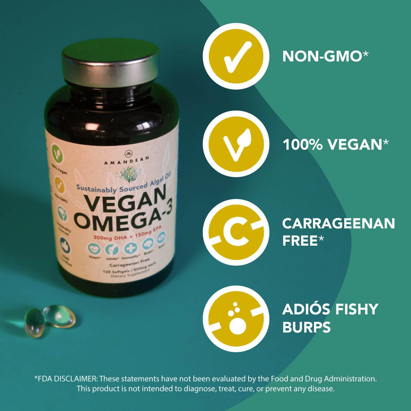 Amandean Vegan Omega 3 Supplement. Premium Fish Oil Alternative! Algae DHA & EPA. 120 Carrageenan Free Softgels. Algal Essential Fatty Acids. Plant Based Heart, Skin, Brain, Eye, Immune Support.